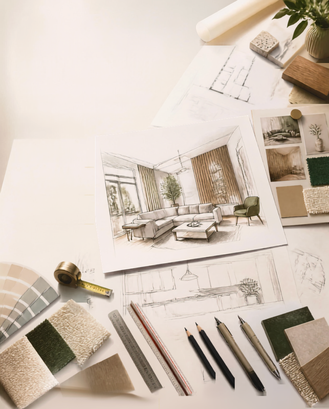 Interior design mood board with hand sketch, fabric swatches and timber samples