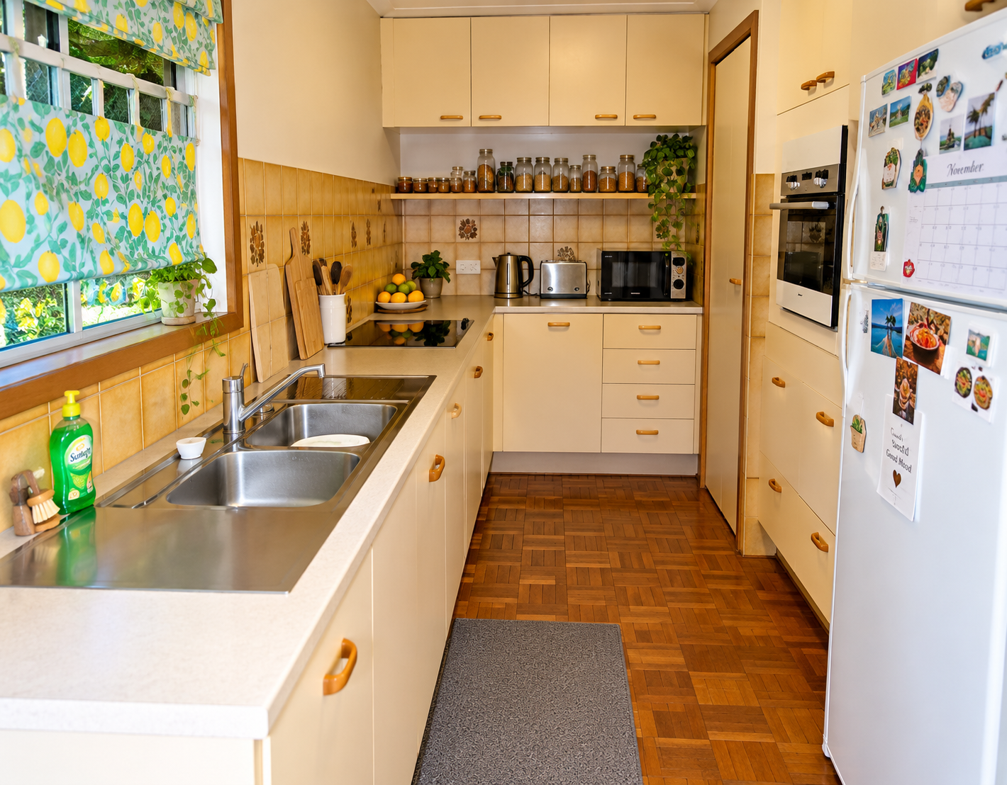 Dated galley kitchen with floral curtains and parquet flooring, before renovation