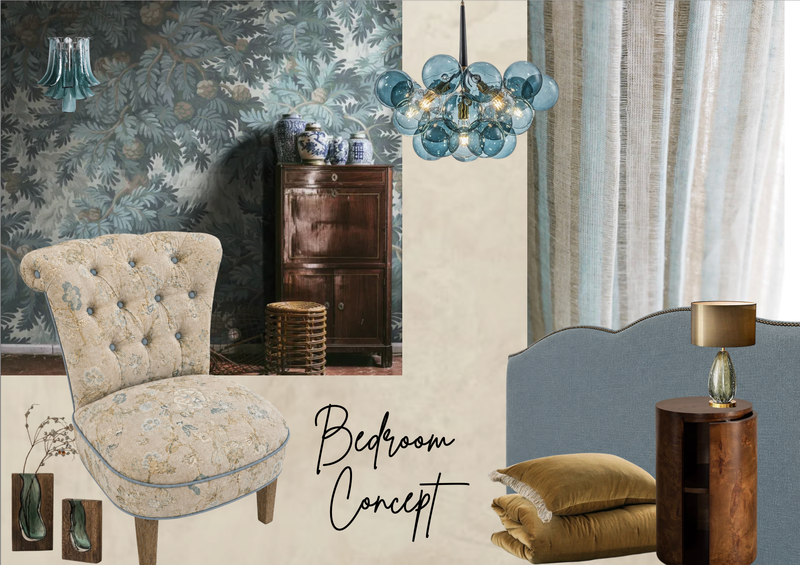 Bedroom design concept mood board with upholstered chair, pendant lighting and bedside styling